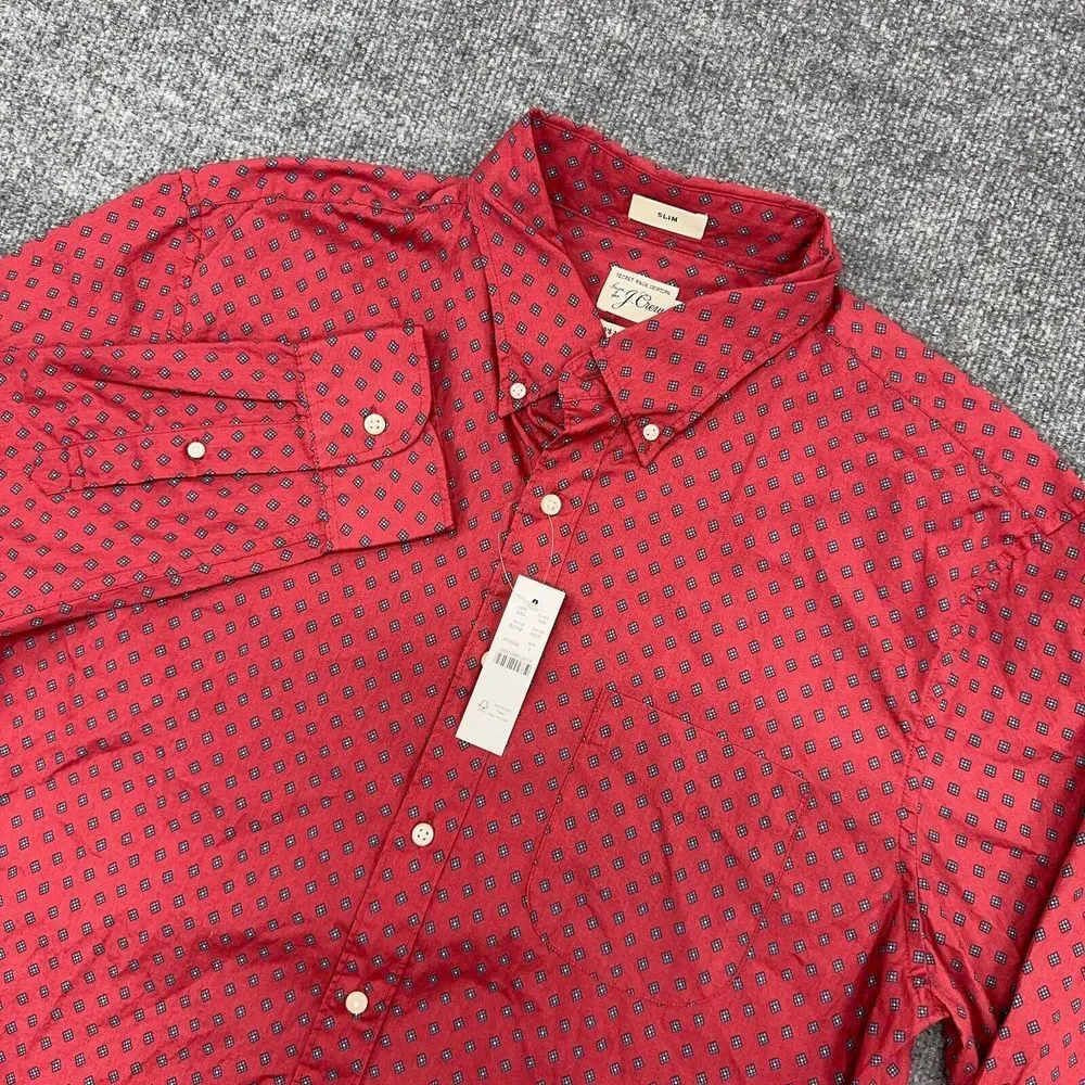 J.CREW Shirt Mens L Red Geometric 2‎ Ply 100% Cotton Slim Fit Button Up NEW $80